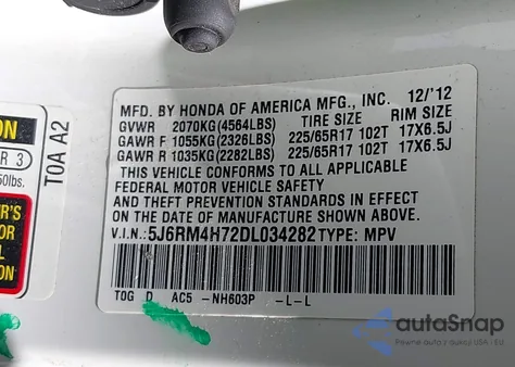 2013 Honda Cr-V Ex-L z USA, uszkodzony, nr VIN 5J6RM4H72DL034282